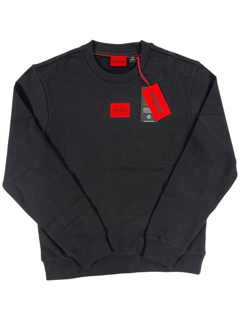Hugo Boss Dirago Sweatshirt l212 Black Crewneck Red Logo Patch Men's Size S NEW